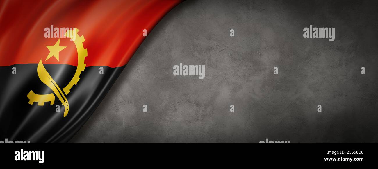 Drapeau de l'Angola sur le mur de béton. Bannière panoramique horizontale. Illustration 3D. Drapeau angolais sur la bannière de mur de béton Banque D'Images