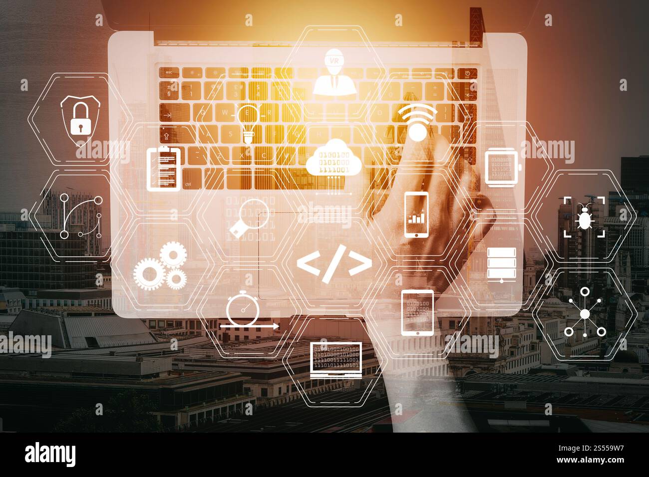 Les développeurs de logiciels de codage travaillent avec des icônes informatiques de tableau de bord de réalité augmentée du développement Scrum agile et de la fourche de code et du versioning avec Banque D'Images