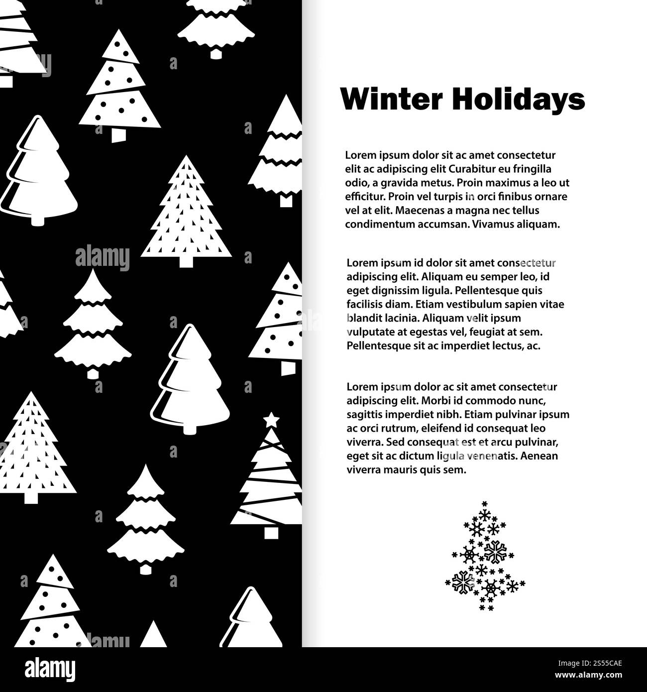 Modèle de bannière de vacances d'hiver laconique noir et blanc avec illustration élégante d'arbre de noël. Vacances d'hiver noir et blanc avec arbre de noël Illustration de Vecteur