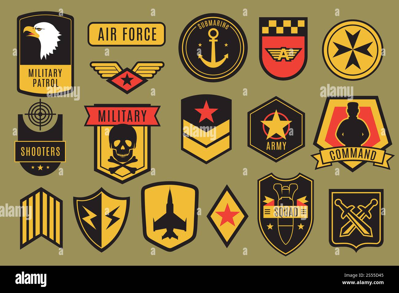 Badges militaires. Patchs de l'armée américaine. Chevrons de soldat américain avec des ailes et des étoiles. Ensemble de vecteurs d'emblème. Illustration de l'emblème militaire, insigne pour patch militaire. Badges militaires. Patchs de l'armée américaine. Chevrons de soldat américain avec des ailes et des étoiles. Ensemble de vecteurs d'emblème Illustration de Vecteur