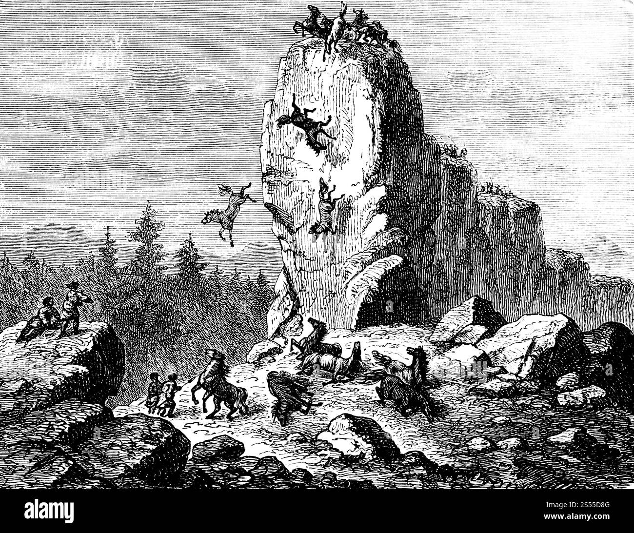 Chasse aux chevaux sur les rochers de Solutre-Pouilly, les chevaux tombent, sont tués pour servir de nourriture, tuer, blesser, tomber, nourriture viande, haut bord de falaise, les gens, m Banque D'Images