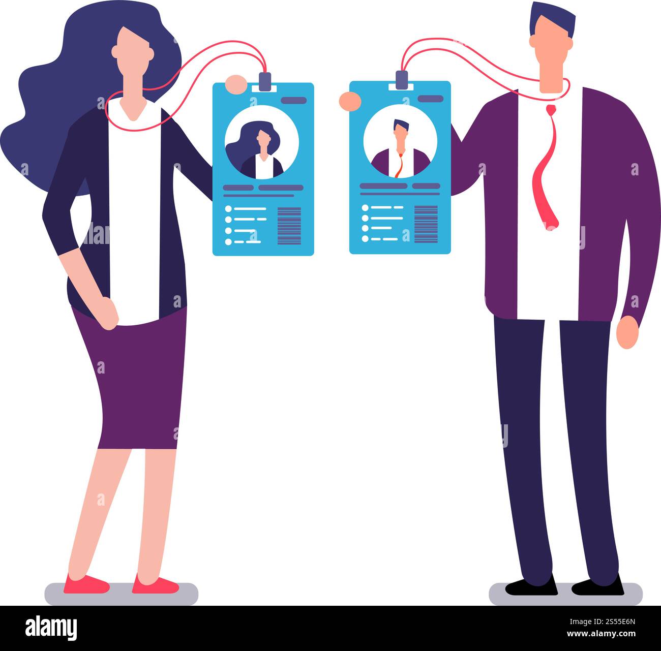 Affichage du badge. Carte d'identification d'accès sécurisé. Homme d'affaires et femme d'affaires en costume d'affaires montrent des badges d'identification. Employé d'identification de concept de vecteur, utilisateur de photo femme et homme. Affichage du badge. Carte d'identification d'accès sécurisé. Homme d'affaires et femme d'affaires en costume d'affaires montrent des badges d'identification. Concept de vecteur Illustration de Vecteur