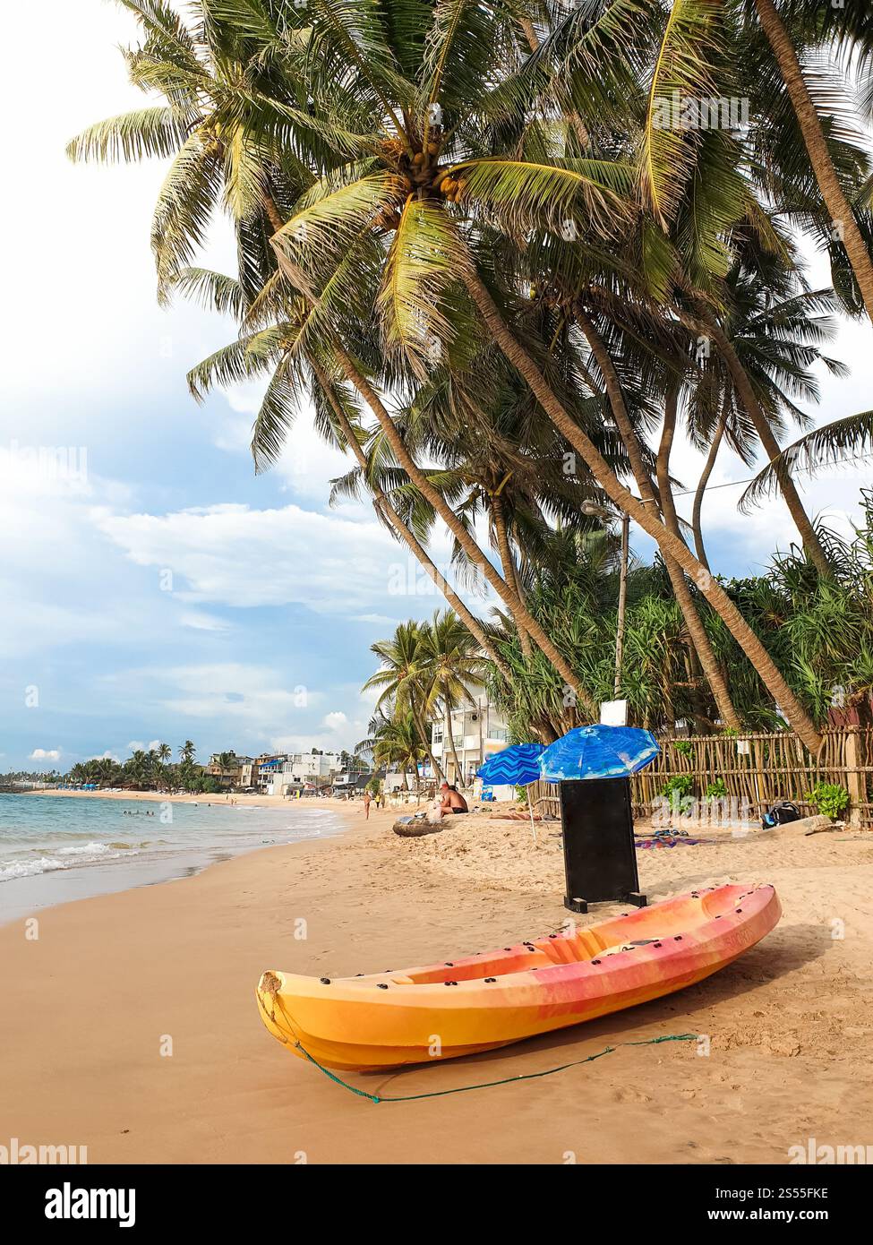 Belle photo de canot en plastique ou kayak couché sous un grand palmier sur la plage de l'océan. Belle image de canot en plastique ou kayak couché sous grand Banque D'Images