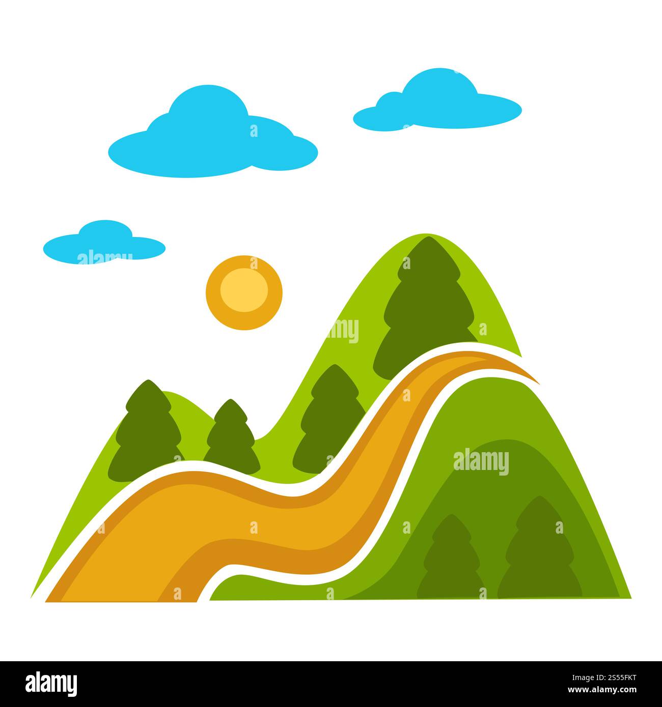Paysage naturel avec de hautes montagnes, de grands conifères à feuilles persistantes, un long chemin ondulé, un soleil rond lumineux dans le ciel et des nuages moelleux bleus illustration vectorielle plate de dessin animé isolée sur fond blanc.. Paysage naturel avec de hautes montagnes et des conifères à feuilles persistantes Illustration de Vecteur
