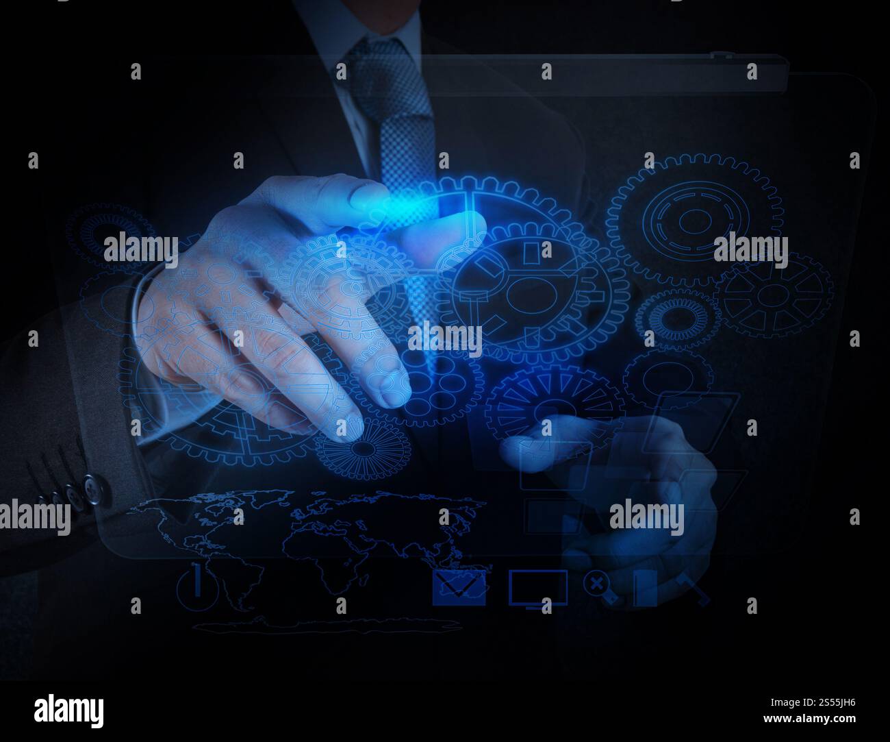 Businessman travaillant avec la lumière bleue au succès en tant que concept Banque D'Images