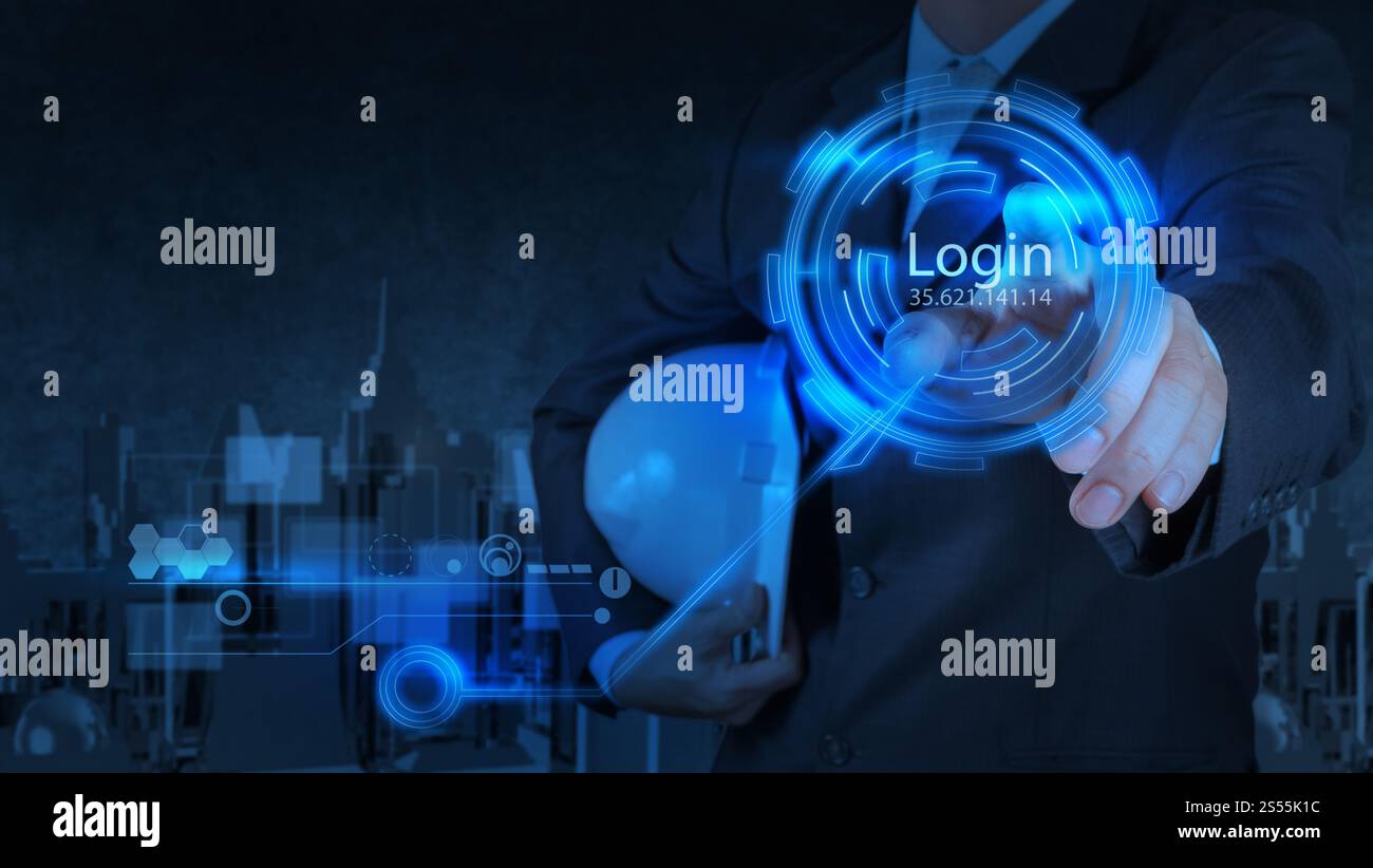 En appuyant sur la main d'affaires bouton de connexion sur l'écran de l'ordinateur d'écran tactile Banque D'Images