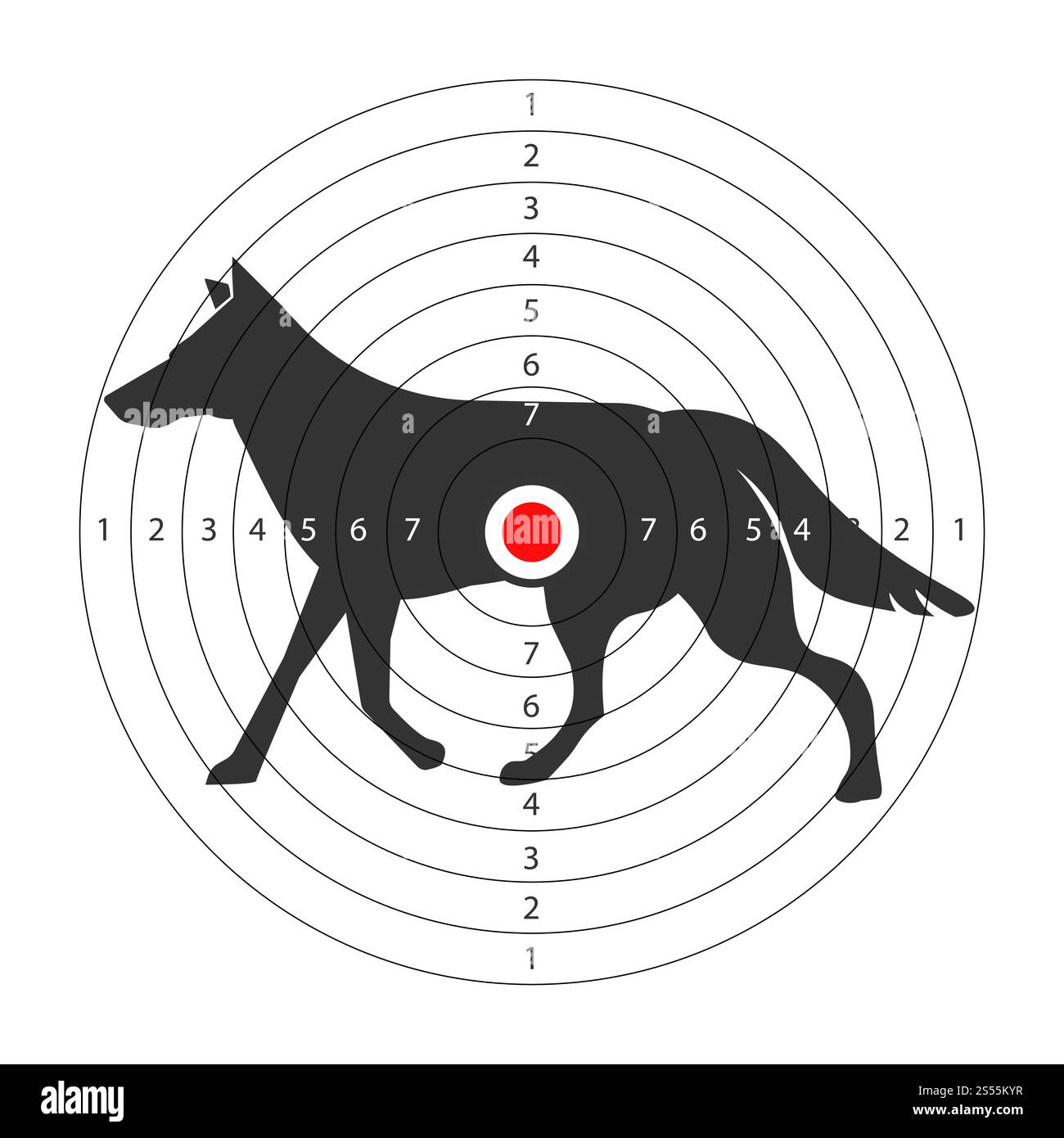 Cible pour la galerie de tir avec silhouette de loup sauvage. Objectif rond avec animal pour les chasseurs à former. Loup noir avec point rouge sur le but latéral illustration vectorielle isolée de dessin animé sur fond blanc.. Cible pour la galerie de tir avec silhouette de loup sauvage Illustration de Vecteur