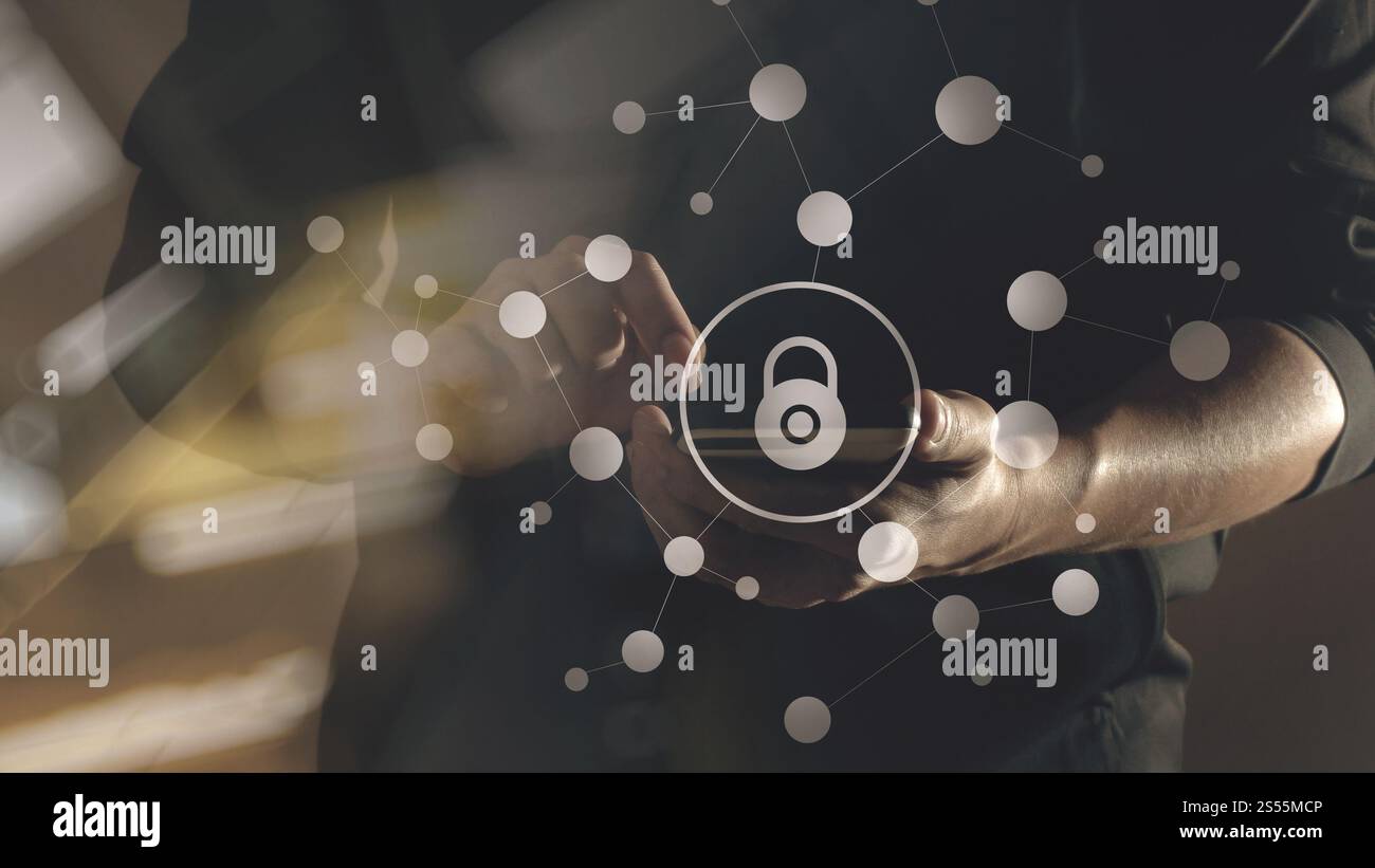 cybersécurité internet et concept de mise en réseau. Main d'homme d'affaires travaillant avec l'icône de cadenas d'écran VR sur le téléphone mobile Banque D'Images