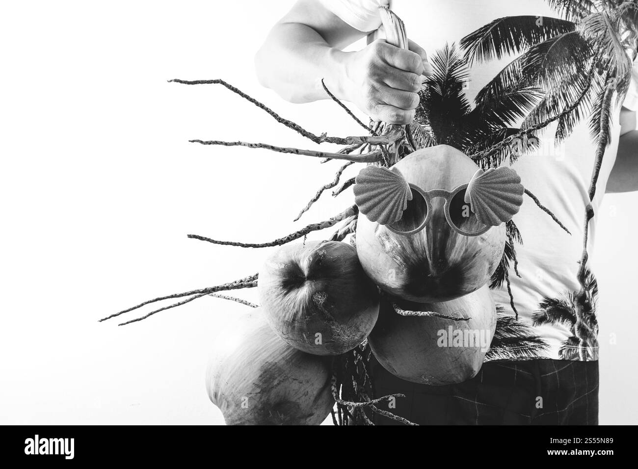 Concept de mode d'été et de vacances. Homme portant des graphiques de palmiers sur le T-shirt et tenant un groupe de noix de coco avec des articles, noir et blanc Banque D'Images