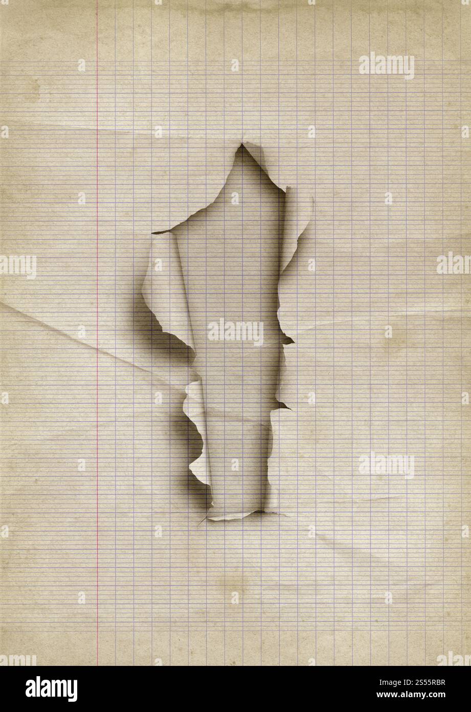 Vieux papier déchiré ligné avec trou. modèle d'arrière-plan vierge. Vieux papier déchiré ligné avec trou Banque D'Images