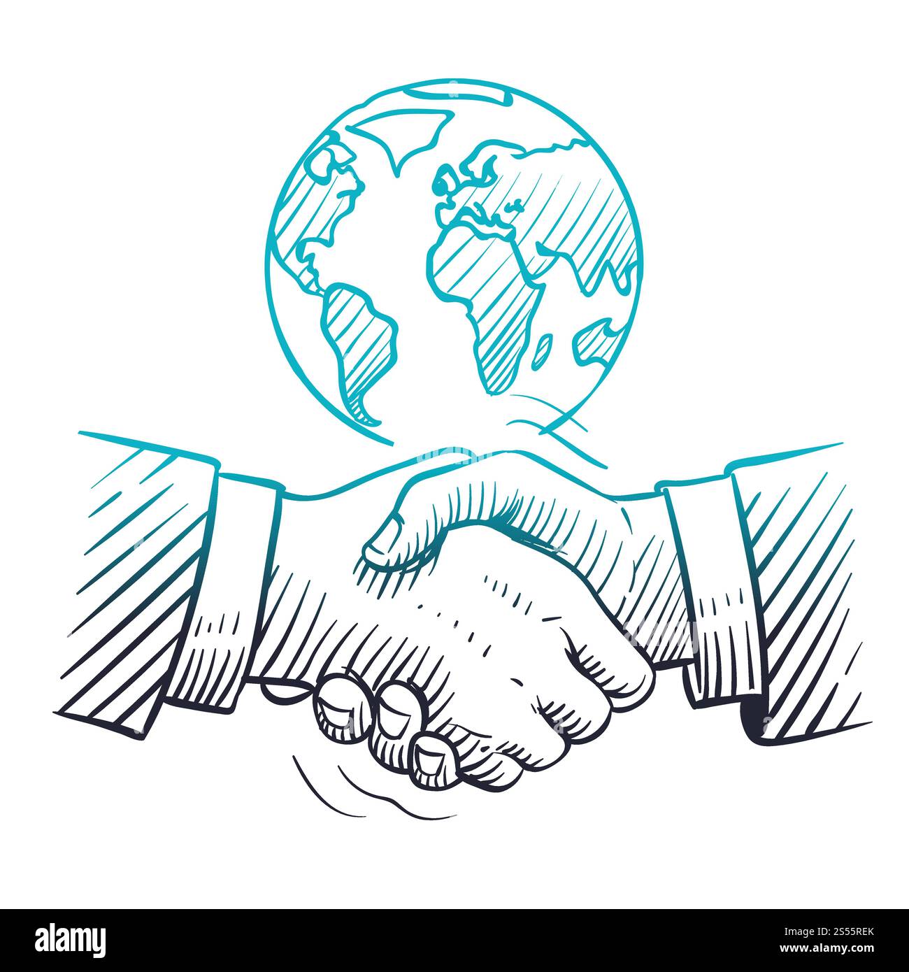 Poignée de main dessinée à la main. Concept d'affaires international avec poignée de main et globe. Esquisser l'arrière-plan du vecteur de leadership du partenariat mondial. Illustration du respect du partenaire et des félicitations. Poignée de main dessinée à la main. Concept d'affaires international avec poignée de main et globe. Esquisser l'arrière-plan du vecteur de leadership du partenariat mondial Illustration de Vecteur