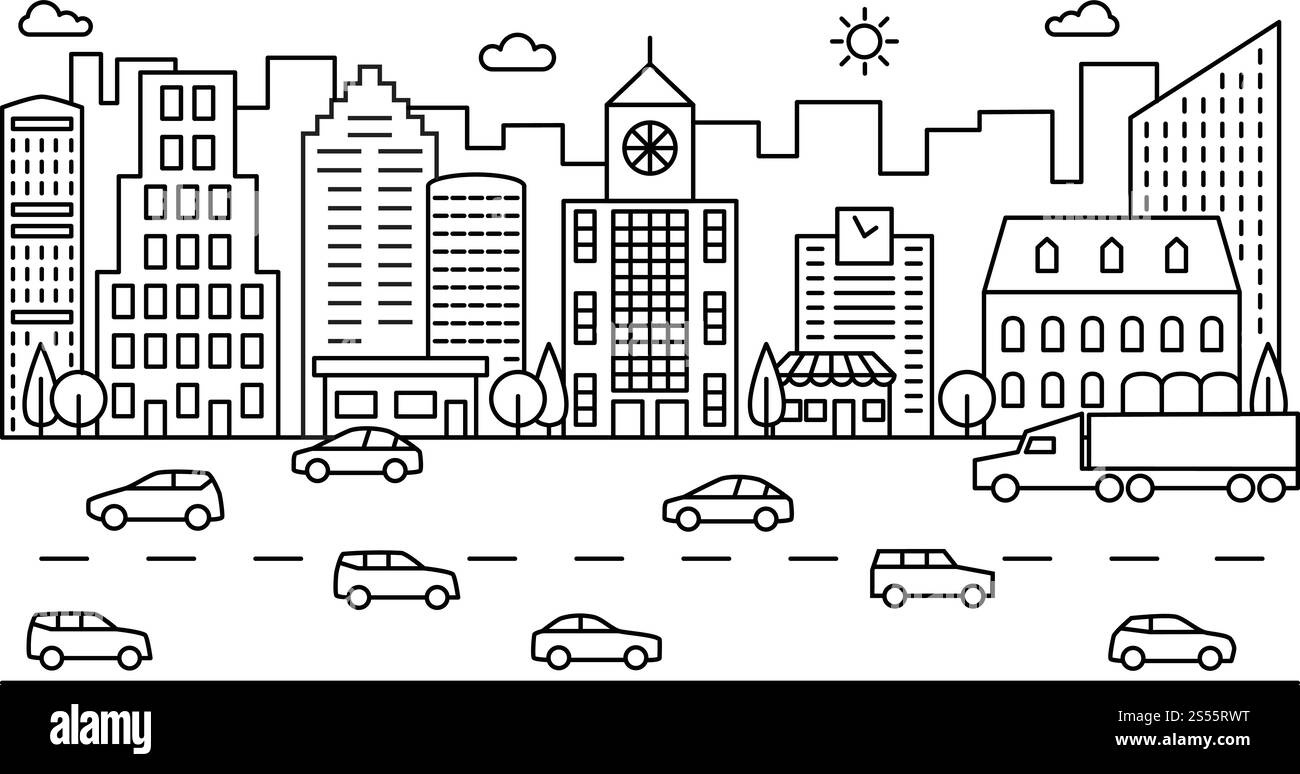 Ligne City Street. Esquissez la scène urbaine avec des bâtiments, des routes et des voitures. Paysage urbain vectoriel moderne. Ville urbaine ville de rue, illustration extérieure de contour de paysage. Ligne City Street. Esquissez la scène urbaine avec des bâtiments, des routes et des voitures. Paysage urbain vectoriel moderne Illustration de Vecteur