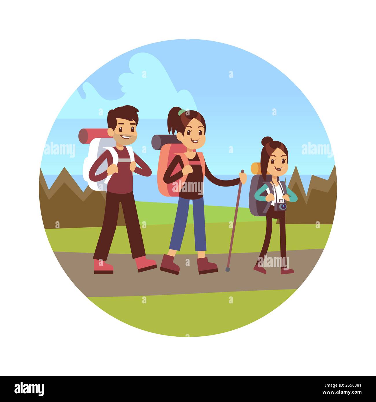 Illustration vectorielle de randonnée familiale heureuse. Maman, papa et fille font du camping d'automne. Illustration vectorielle de randonnée familiale. Mère papa et fille Illustration de Vecteur