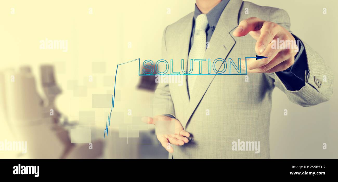 Solution d'affaires part en poussant le graphique sur une interface d'écran tactile comme concept style vintage Banque D'Images