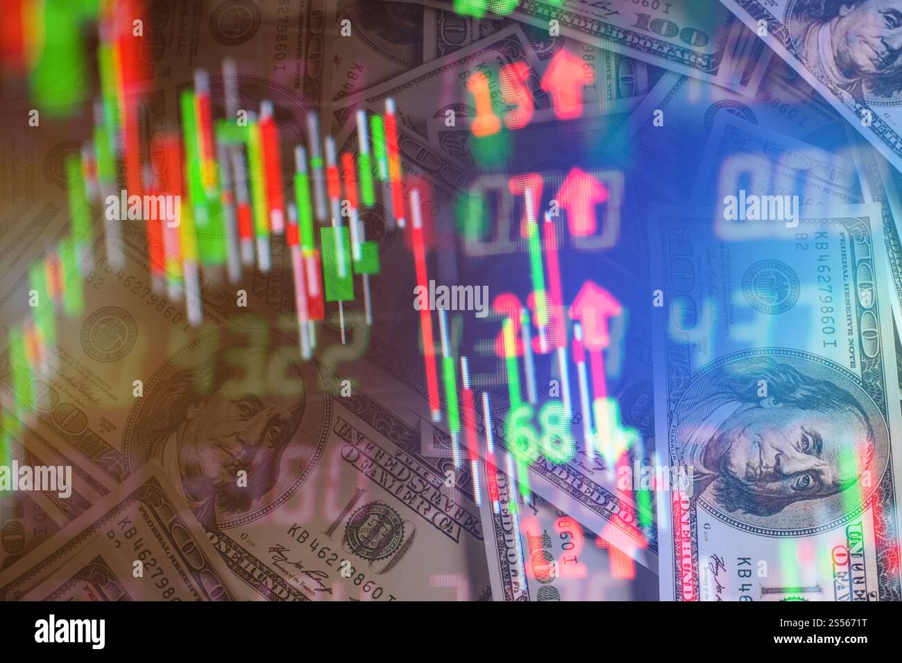 Double exposition du marché boursier en comprimé avec de l'argent et le graphique. Banque D'Images
