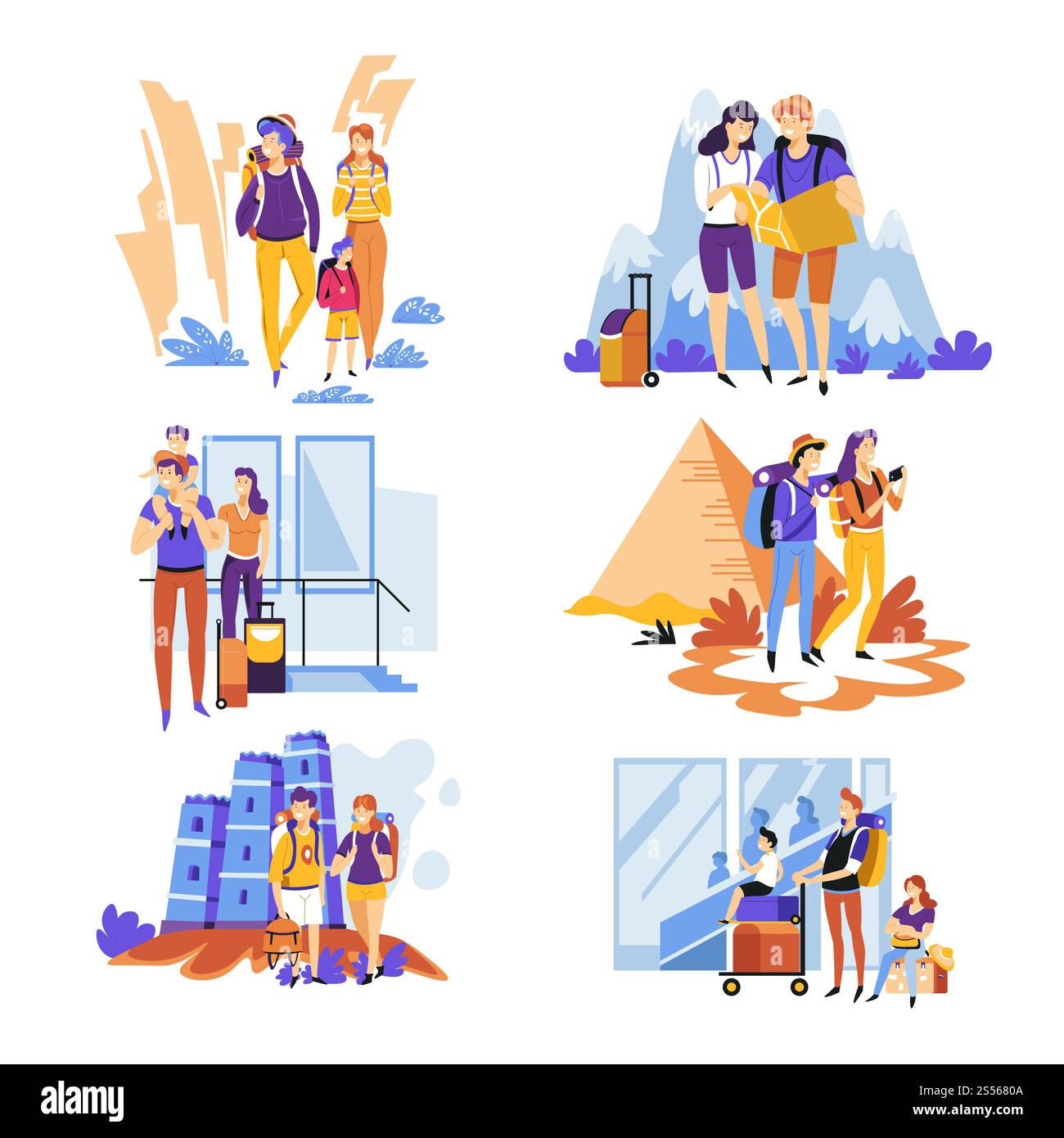 Couples et familles tourisme voyage vacances ou vacances à l'étranger vecteur montagnes et aéroport pyramides d'Egypte et anciens châteaux sacs à dos et Banque D'Images