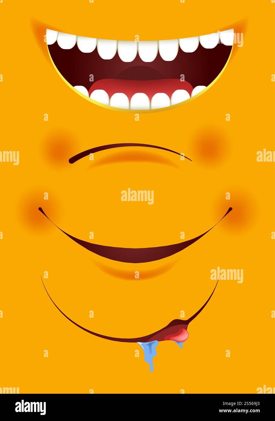 Sourire constructeur de dessin animé jaune rond émoticône émoticône émoticône émoticône émoticône. Vector construction visage ou bouche avec langue et joues rougissent ou des éléments de dents définis pour les expressions de sourire ou heureux et slobbying. Ensemble d'icônes vectorielles de vecteur de bouche de sourire constructeur de dessins animés emoji Yellow Smiles Illustration de Vecteur