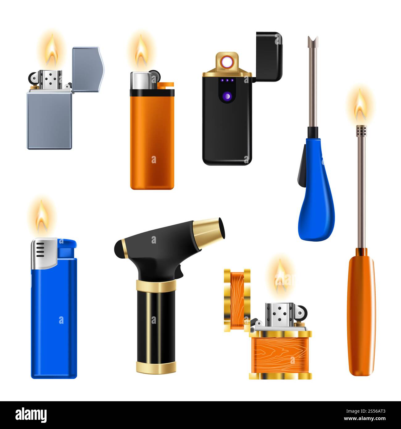 Allume-cigare, feu ou flamme, allume-cigare, produit à fumer inflammable, vecteur d'objets isolés. Dispositif électrique ou à gaz, brûleur à huile, outil de poche. Fumeur Banque D'Images