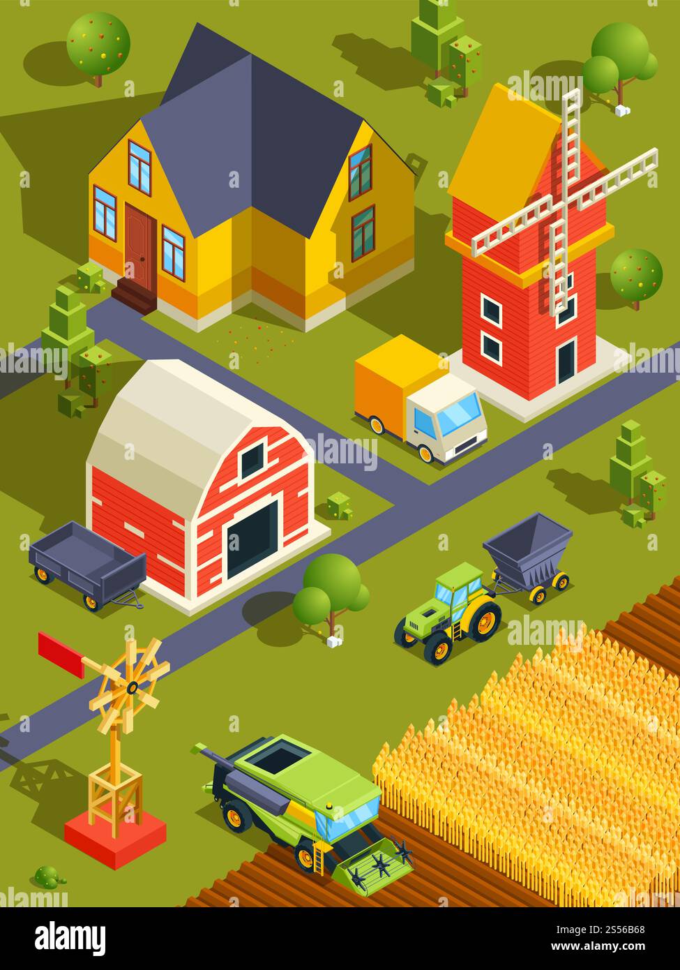 Paysage isométrique de village ou de ferme avec divers bâtiments et machines agricoles. Ranch de campagne agricole avec maison isométrique et machine. Illustration vectorielle. Paysage isométrique de village ou de ferme avec divers bâtiments et machines agricoles Illustration de Vecteur