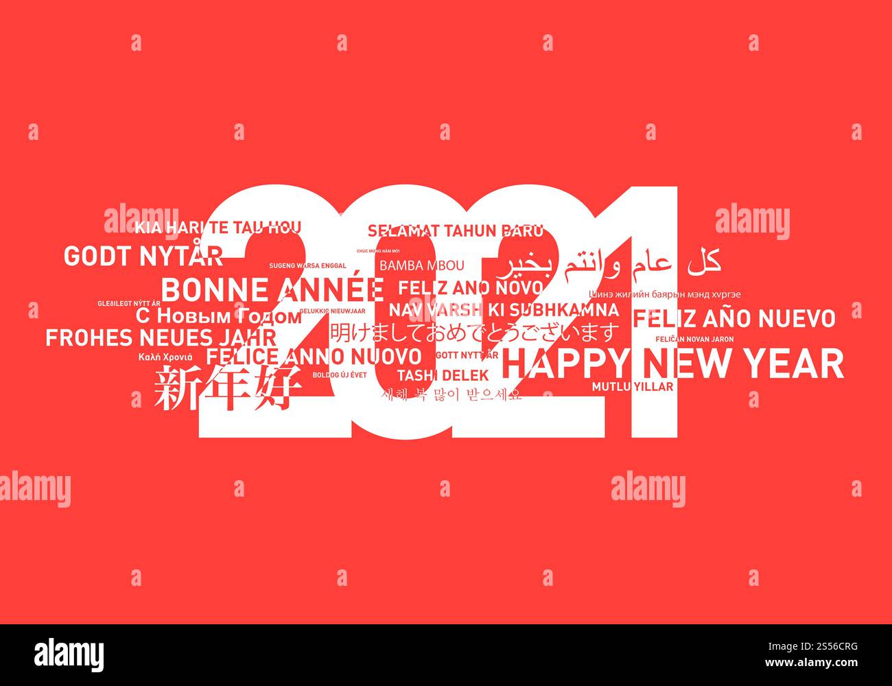 Bonne année 2021 carte du monde en différentes langues. Fond orange vif. Carte de bonne année du monde entier. Orange vif Banque D'Images