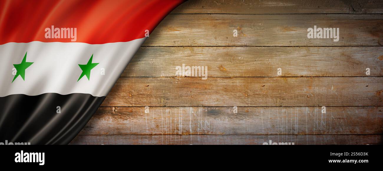 Drapeau de Syrie sur le mur de bois vintage. Bannière panoramique horizontale. Drapeau syrien sur la bannière murale en bois vintage Banque D'Images
