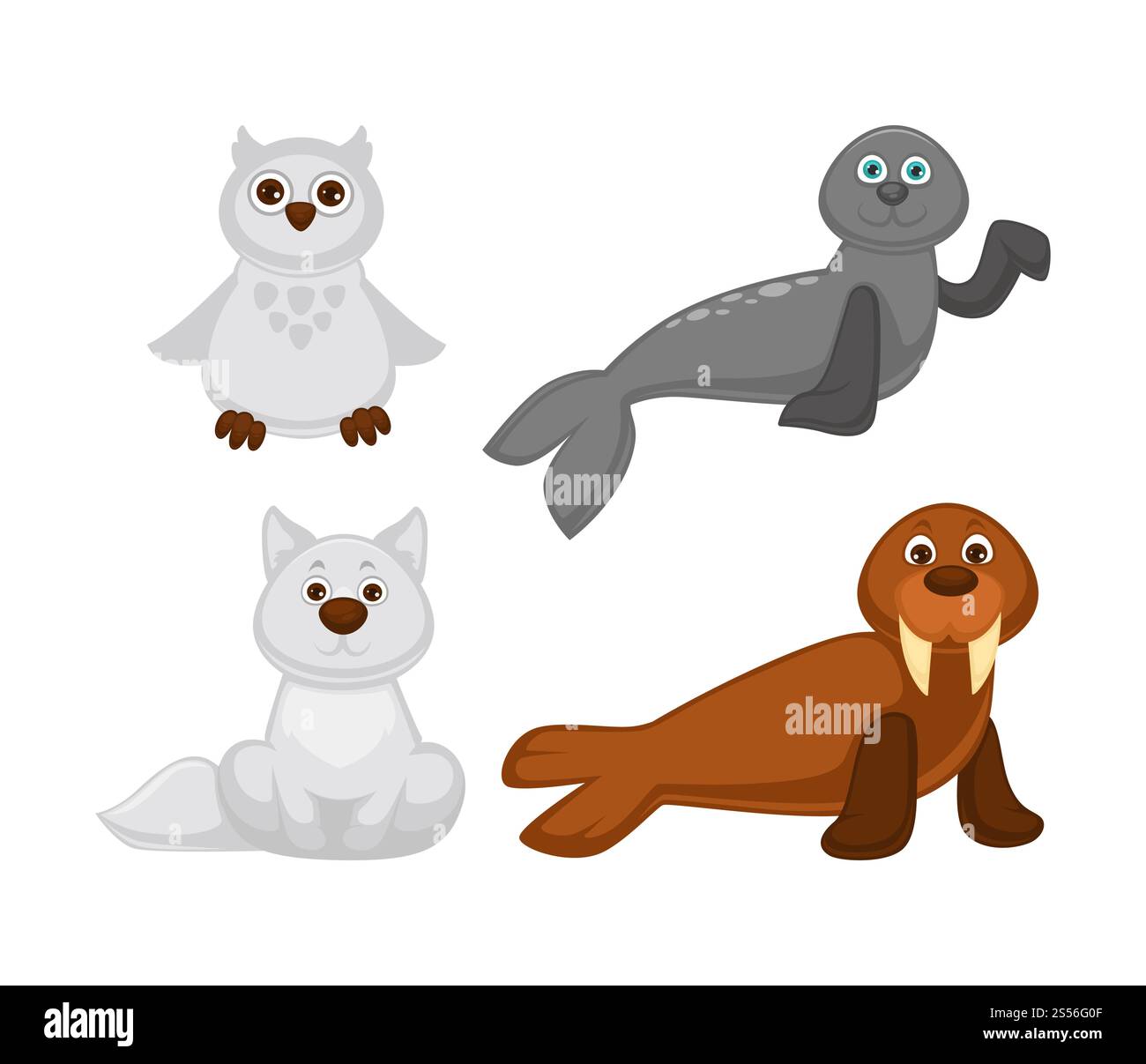 Albinos et pôle Nord adorables animaux mignons ensemble. Hibou blanc, renard moelleux, otarie à fourrure amicale avec des yeux bleus et morse avec d'énormes défenses isolées illustrations vectorielles plates de dessin animé sur fond blanc .. Albinos et pôle Nord adorables animaux mignons ensemble Illustration de Vecteur