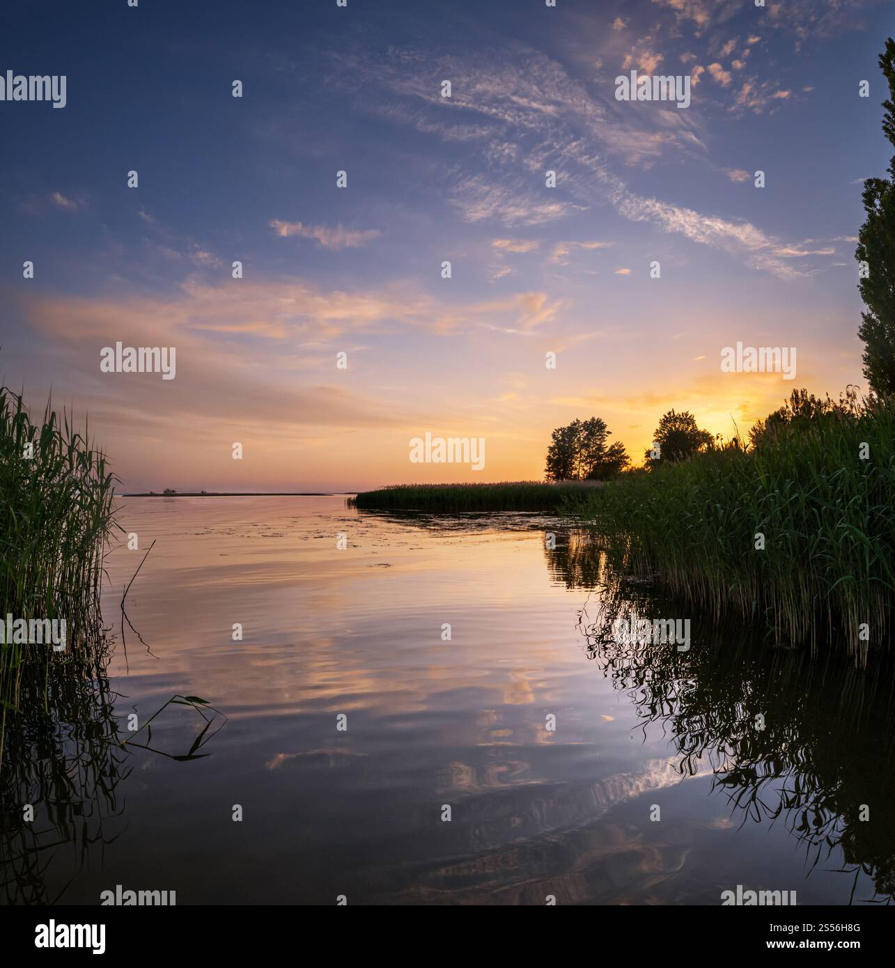 Dnipro rivière été coucher de soleil paysage crépuscule, Ukraine Banque D'Images