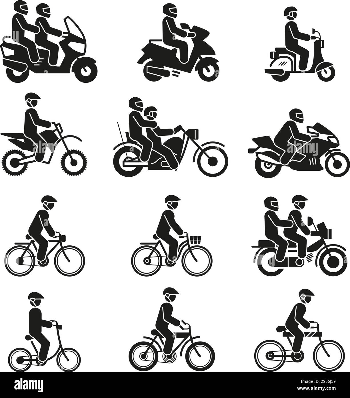 Icônes motos et vélos. Véhicules moto avec des pictogrammes vectoriels de motard et de cycliste isolés sur fond blanc. Illustration du transport de moto, vélo et vélo. Icônes motos et vélos. Véhicules moto avec des pictogrammes vectoriels de motard et de cycliste isolés sur fond blanc Illustration de Vecteur