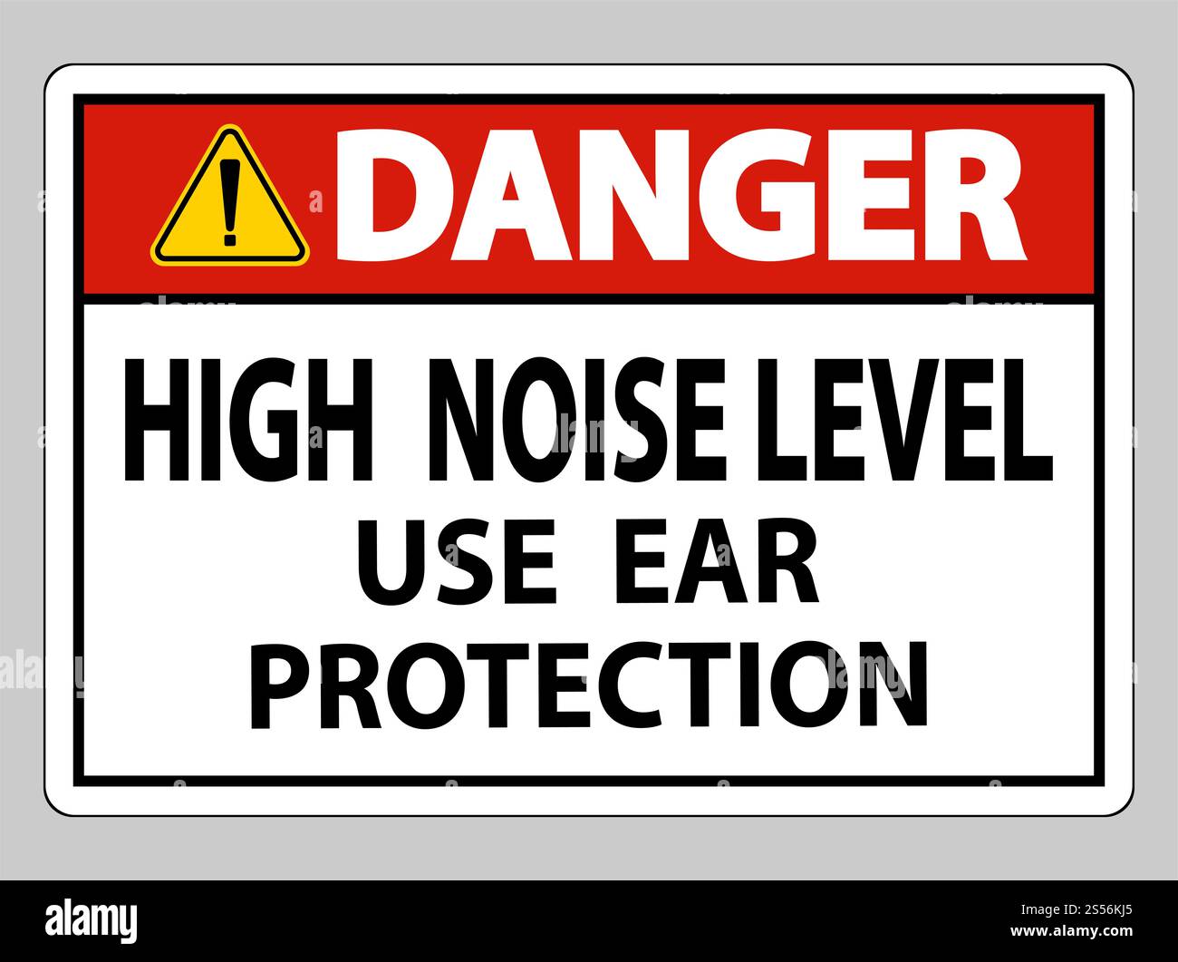 Signe de danger niveau de bruit élevé utilisez une protection auditive sur fond blanc Banque D'Images