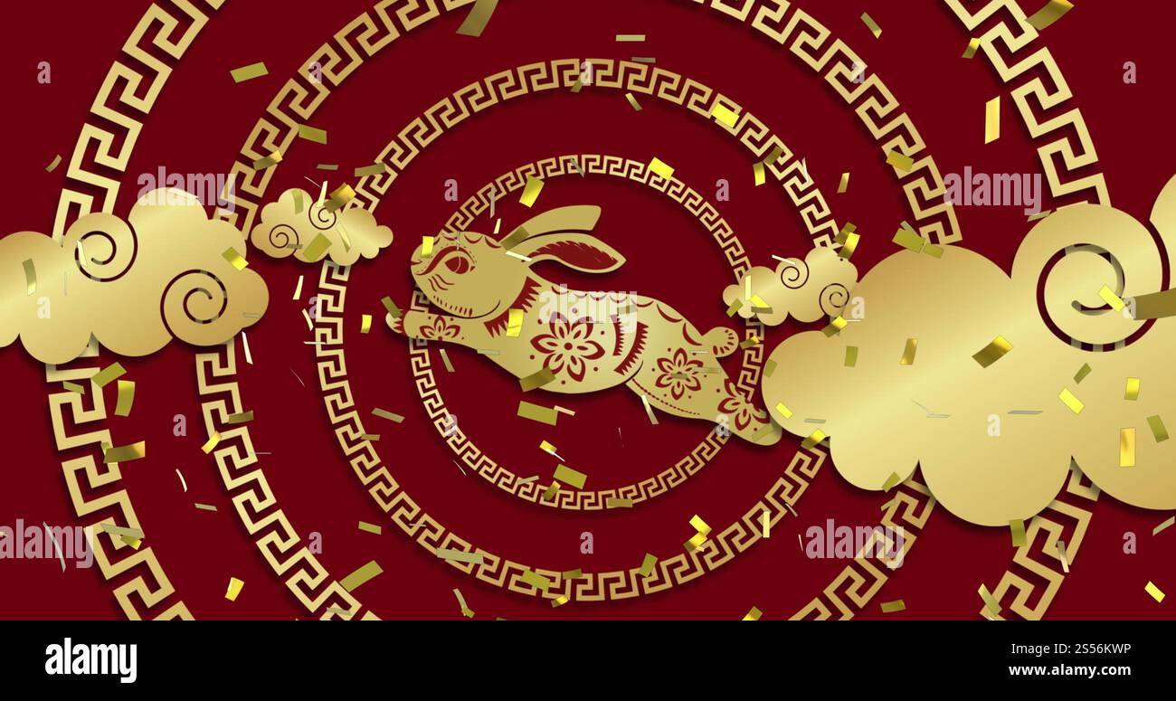 Image de décorations traditionnelles chinoises avec lapin et confettis sur fond rouge Banque D'Images