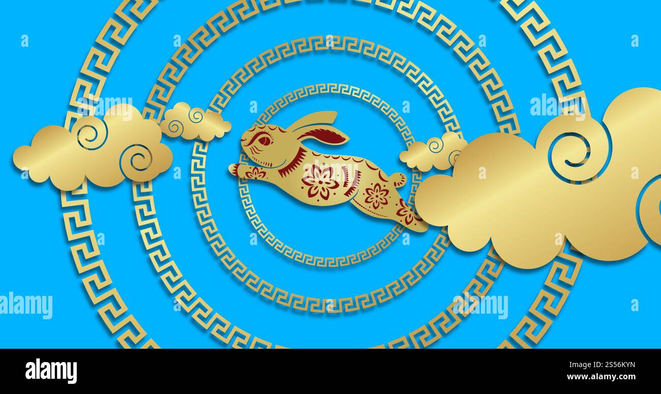 Image de décorations traditionnelles chinoises avec lapin sur fond bleu Banque D'Images