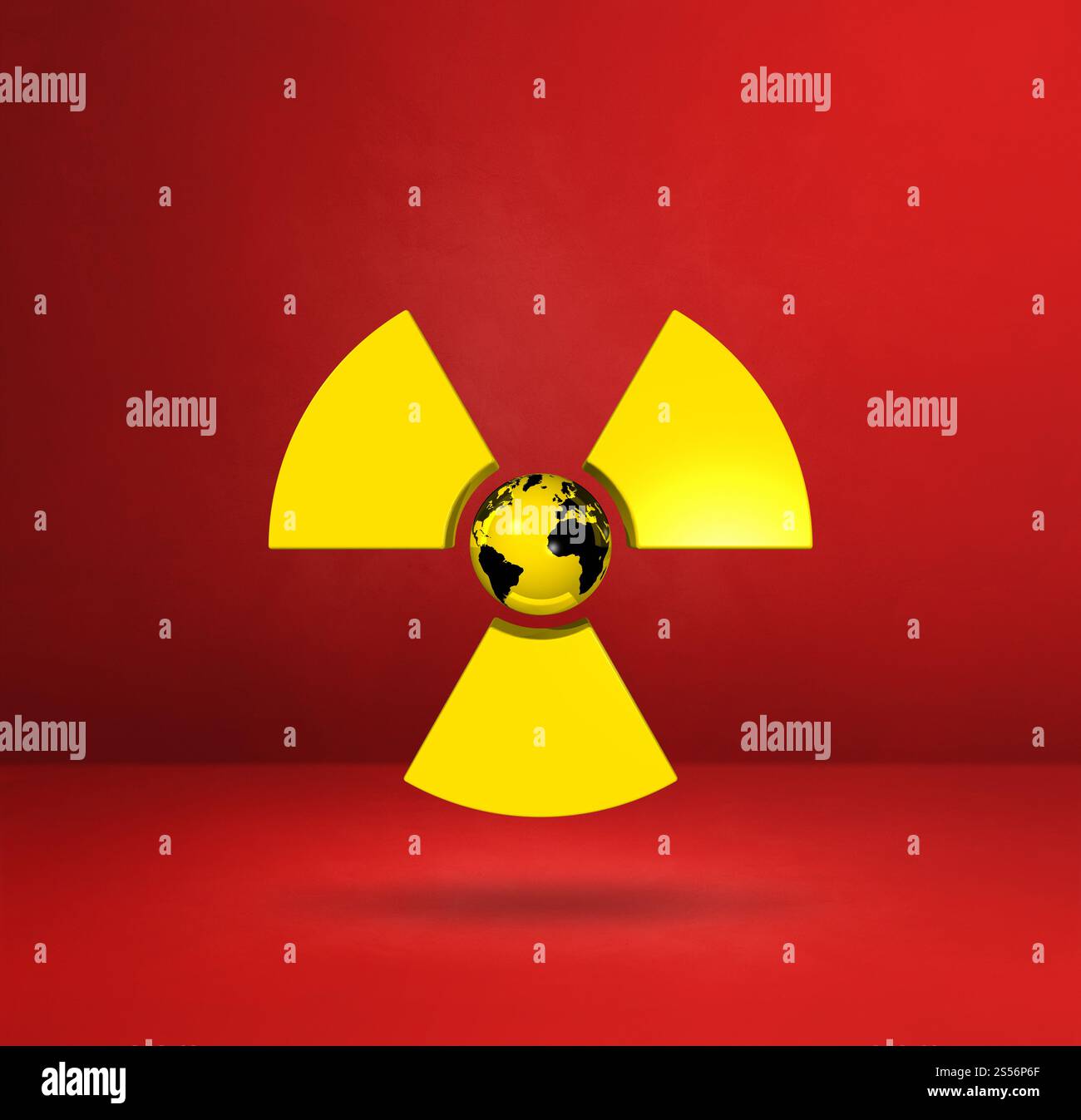 Carte du monde sur symbole radioactif. Fond de studio rouge. Illustration 3D. Carte du monde sur symbole radioactif. Fond de studio rouge Banque D'Images