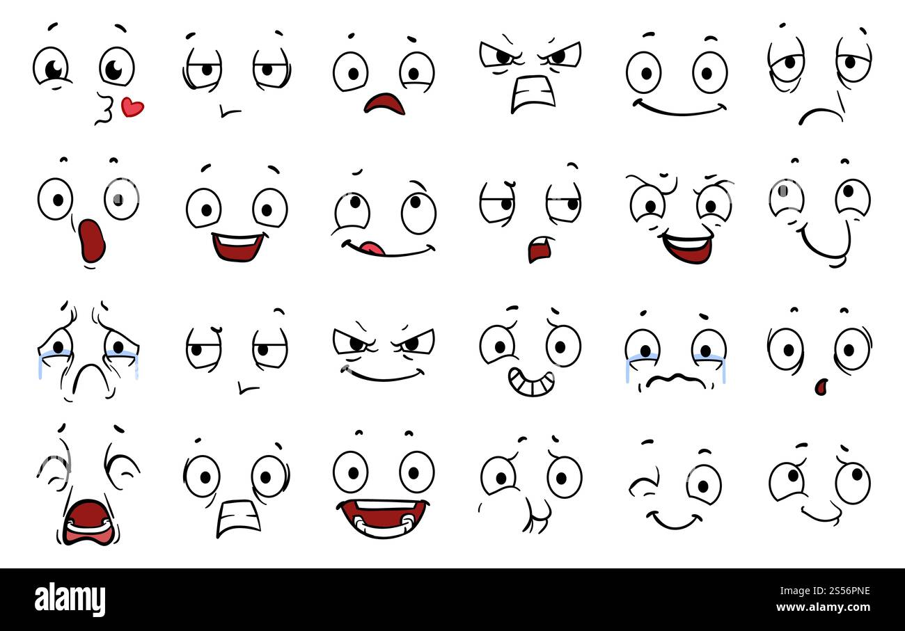 Visages comiques de dessins animés. Expressions oeil, emoji clin d'œil fou ennuyeux et en colère. Drôle d'émotions mignonnes caractère, sourire de rire ou bouche effrayée. Isolé Banque D'Images