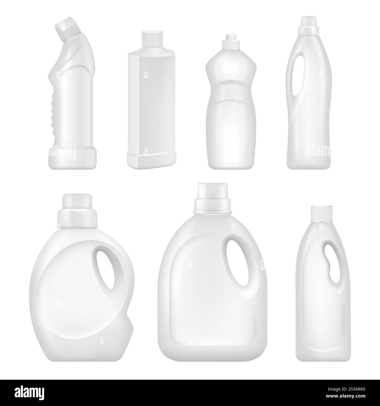 Bouteilles vides en plastique. Récipients sanitaires contenant des liquides chimiques pour services de nettoyage. Bouteille en plastique hygiénique et nettoyant chimique, récipient avec détergent. Illustration vectorielle. Bouteilles vides en plastique. Récipients sanitaires contenant des liquides chimiques pour services de nettoyage Illustration de Vecteur