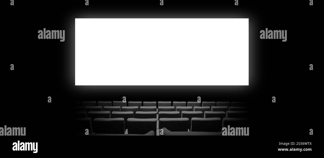 Cinéma salle de cinéma avec sièges en velours et écran blanc vierge. Copier l'arrière-plan de l'espace. Bannière horizontale. Cinéma salle de cinéma avec sièges et un Banque D'Images