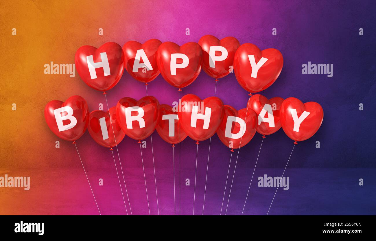 Rouge joyeux anniversaire coeur forme ballons d'air sur une scène de fond arc-en-ciel. Bannière horizontale. Rendu d'illustration 3D. Rouge joyeux anniversaire en forme de coeur Banque D'Images