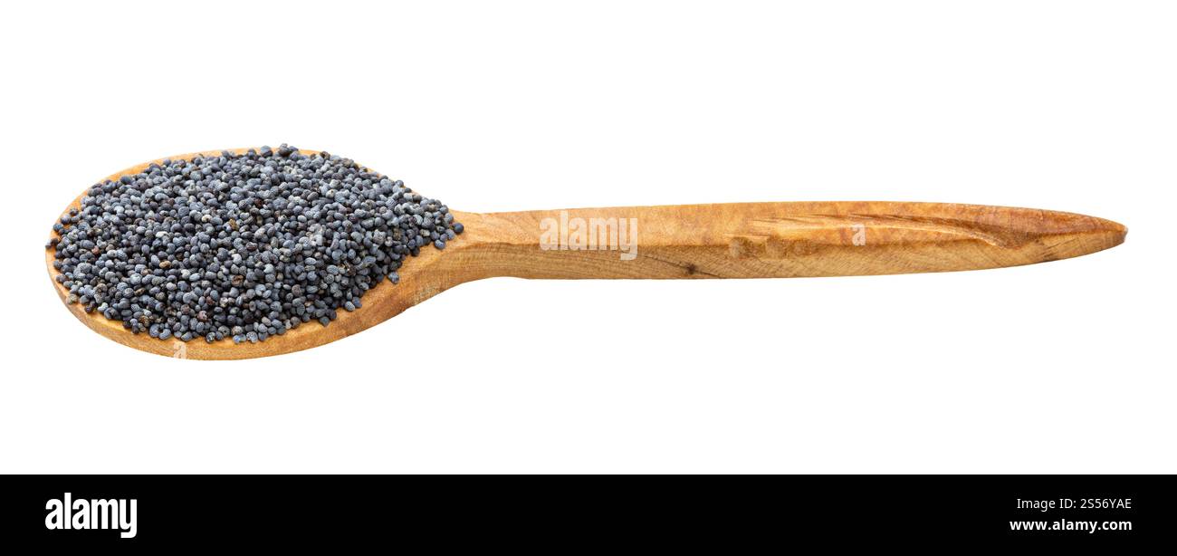 cuillère en bois avec graines de pavot isolées sur fond blanc Banque D'Images cuillère en bois avec graines de pavot isolées sur fond blanc Banque D'Images