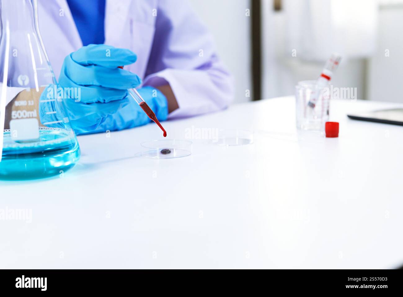 Scientifique tenant un tube de prélèvement sanguin infecté par le coronavirus covid-19. Analyse ADN du sang en laboratoire avec des tubes de prélèvement de sang et Banque D'Images