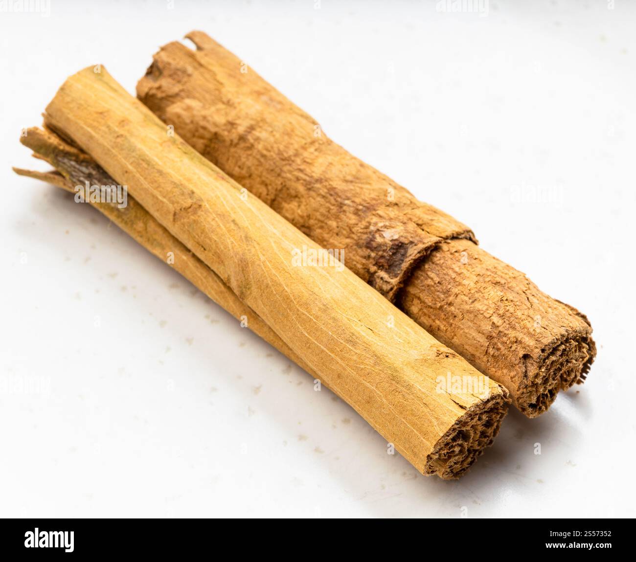 deux bâtonnets de cannelle de ceylan continental sont en gros plan sur une plaque en céramique grise Banque D'Images