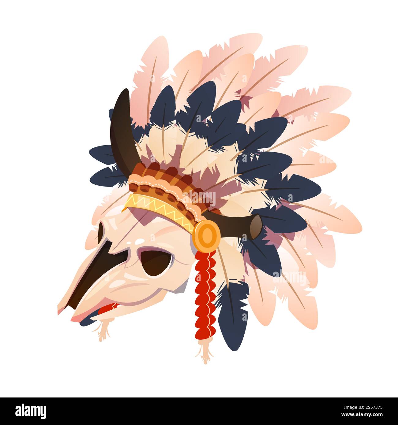 Crâne de buffle de personnage de dessin animé avec coiffe de plumes indiennes isolé sur fond blanc. Illustration tribale indienne vectorielle, plume et crâne. Crâne de buffle de personnage de dessin animé avec coiffe de plumes indiennes isolé sur fond blanc Illustration de Vecteur