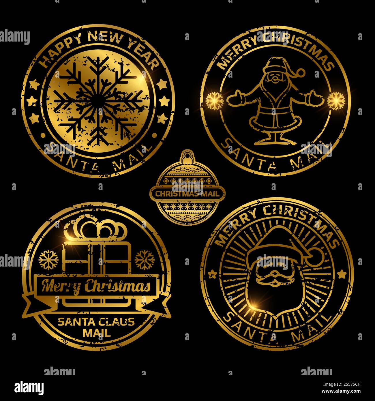 Ensemble de vecteurs de timbres postaux de noël vintage - illustration de timbres dorés Santa mail. Vintage noël timbres-poste vecteur de l'ensemble Illustration de Vecteur