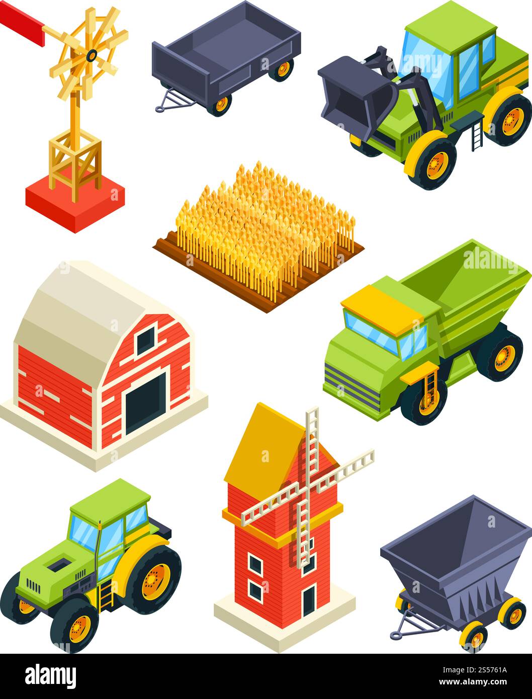 Objets architecturaux de ferme ou de village. Machines agricoles isométriques. Construction de terres agricoles et de grange, moissonneuse-batteuse et moulin à vent. Illustration vectorielle. Objets architecturaux de ferme ou de village. Machines agricoles isométriques Illustration de Vecteur