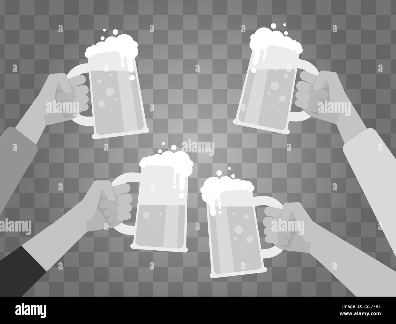 Mains tenant des verres à bière isolés sur fond transparent. Illustration des gens joyeux vectoriels de clinking. Mains tenant des verres à bière isolés sur fond. Illustration de Vecteur