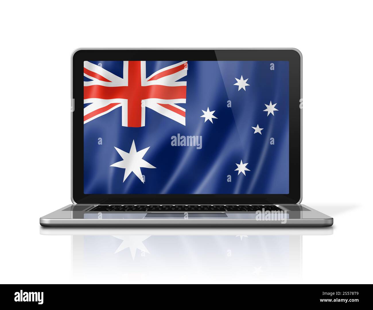 Drapeau de l'Australie sur l'écran d'ordinateur portable isolé sur blanc. Rendu d'illustration 3D. Drapeau australien sur écran d'ordinateur portable isolé sur blanc. Illustration 3D. Banque D'Images