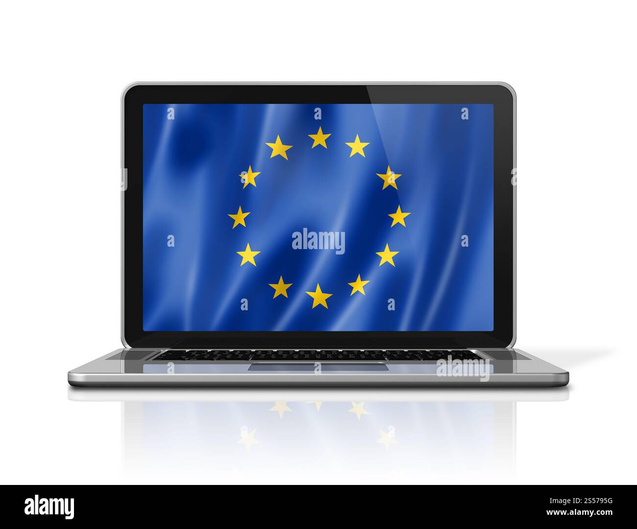 Drapeau de l'union européenne sur l'écran d'ordinateur portable isolé sur blanc. Rendu d'illustration 3D. Drapeau de l'union européenne sur l'écran d'ordinateur portable isolé sur blanc. 3D. Banque D'Images
