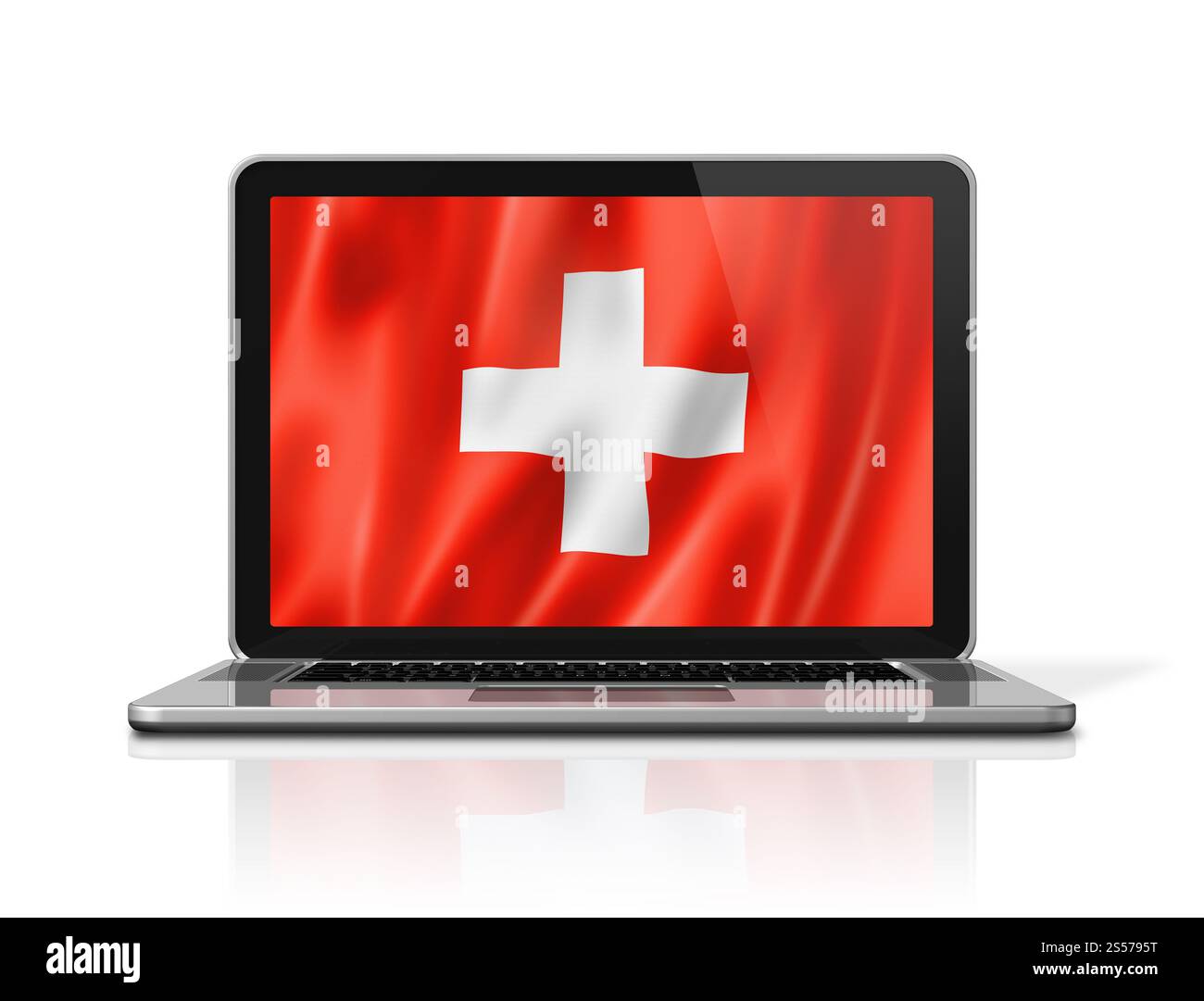 Drapeau de la Suisse sur l'écran d'ordinateur portable isolé sur blanc. Rendu d'illustration 3D. Drapeau suisse sur écran d'ordinateur portable isolé sur blanc. Illustration 3D. Banque D'Images