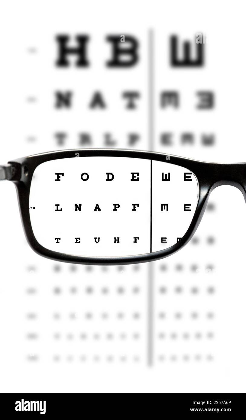 Lunettes devant un graphique oculaire. Arrière-plan du dispositif optique. Lunettes devant un graphique oculaire Banque D'Images