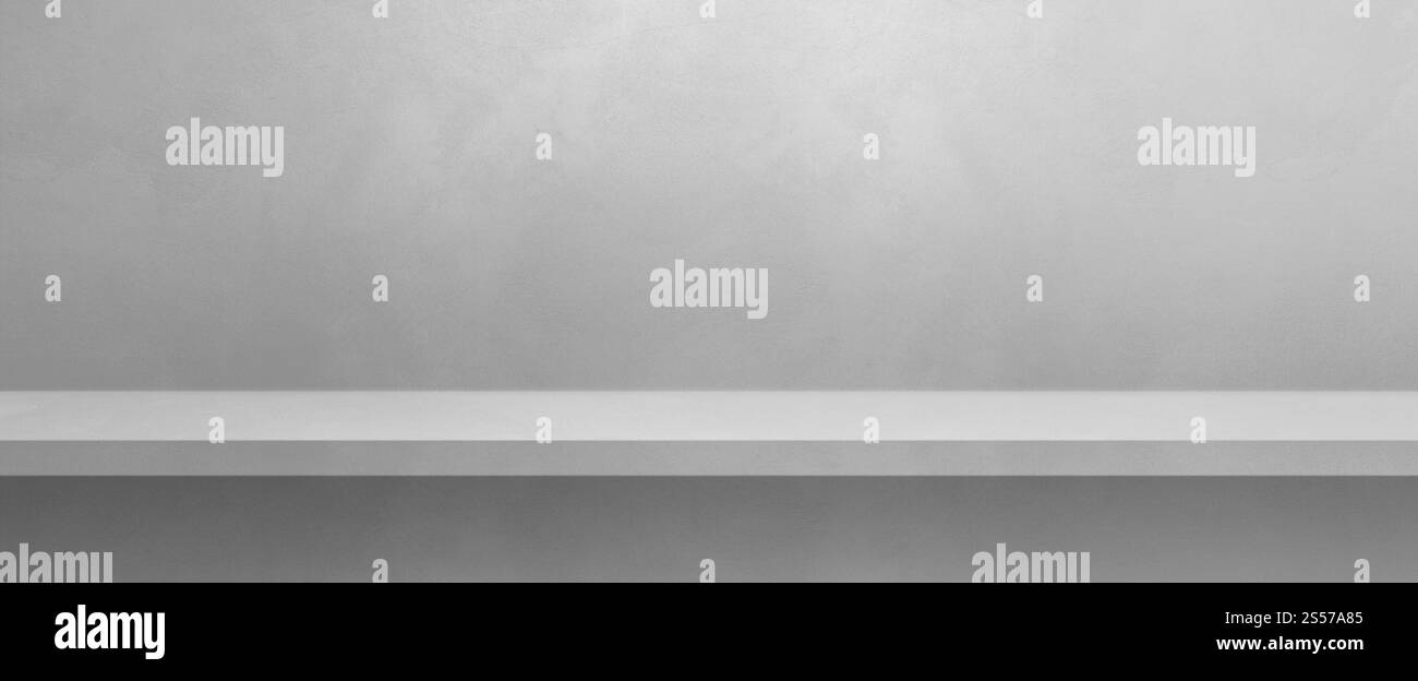 Étagère vide sur un mur blanc. Scène de modèle d'arrière-plan. Bannière horizontale. Étagère vide sur un mur blanc. Modèle d'arrière-plan. Bannière horizontale Banque D'Images