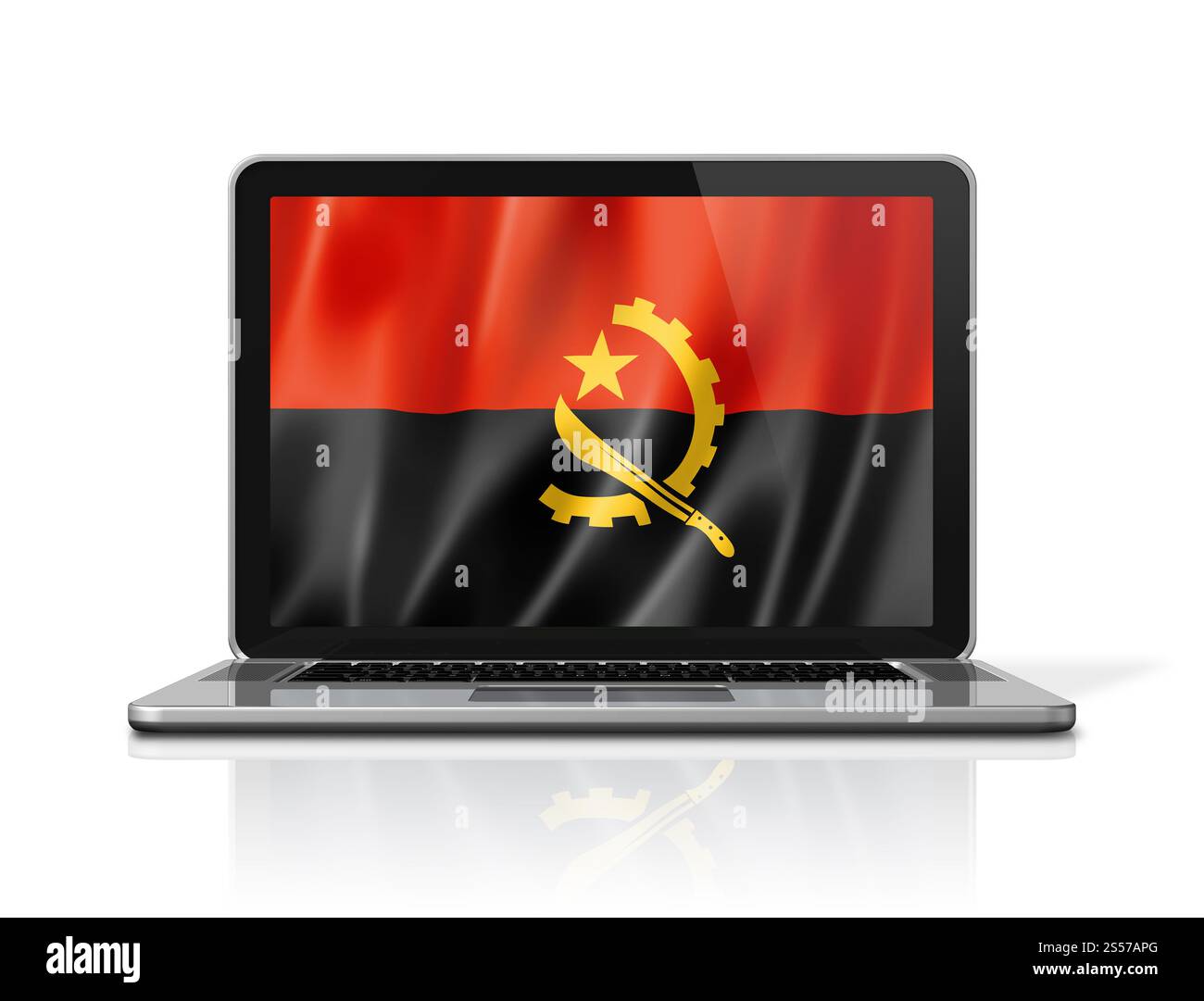 Drapeau de l'Angola sur l'écran d'ordinateur portable isolé sur blanc. Rendu d'illustration 3D. Drapeau angolais sur écran d'ordinateur portable isolé sur blanc. Illustration 3D. Banque D'Images