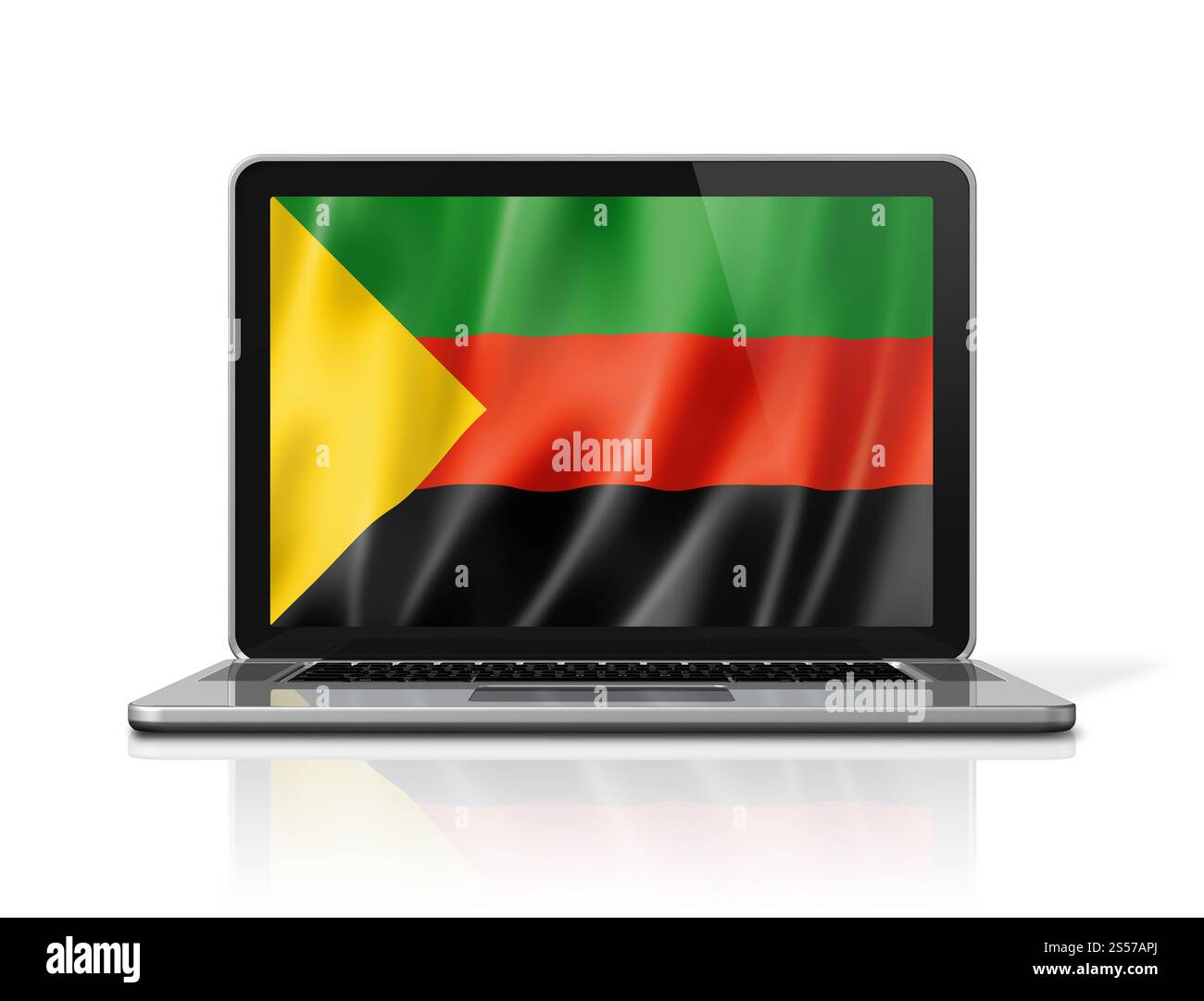 Drapeau Azawad MNLA sur écran d'ordinateur portable isolé sur blanc. Rendu d'illustration 3D. Drapeau Azawad MNLA sur écran d'ordinateur portable isolé sur blanc. Illustration 3D. Banque D'Images